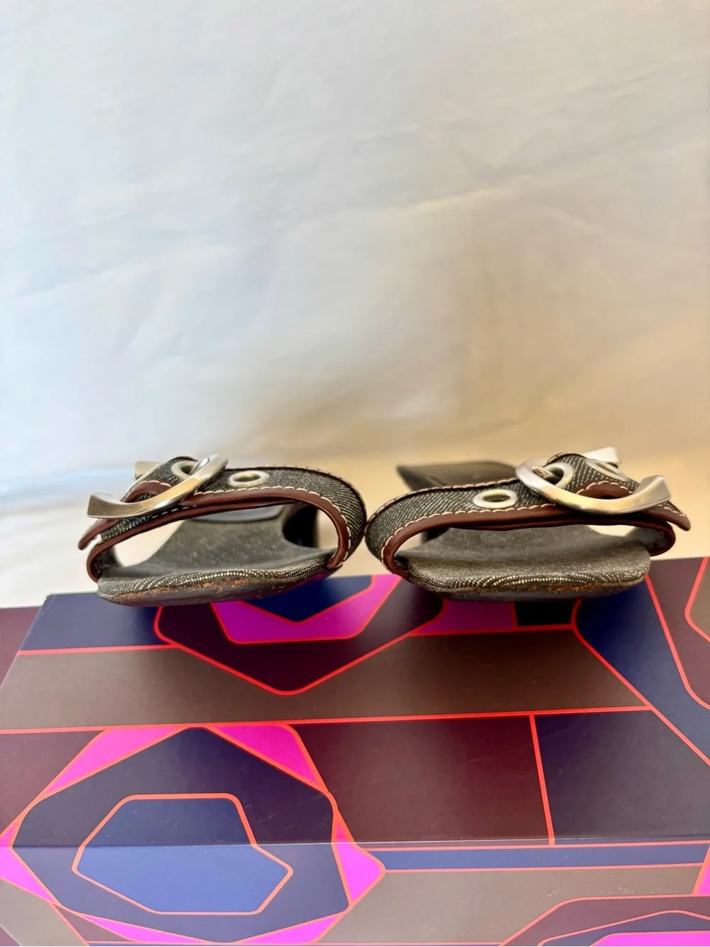 PRADA VINTAGE Silver Buckle Dark Blue Denim Leather Slide Sandals IT Size 38 1/2